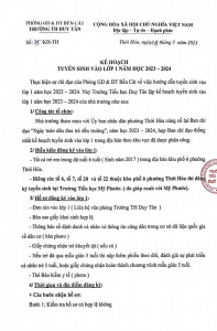 KẾ HOẠCH TUYỂN SINH VÀO LỚP 1 TRƯỜNG TIỂU HỌC DUY TÂN NĂM 2023 - 2024