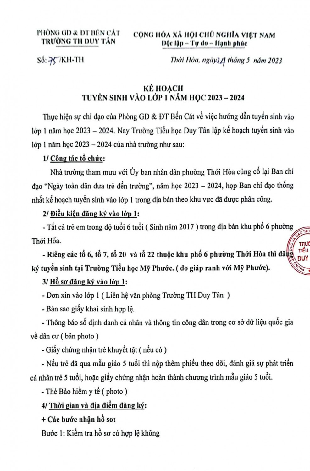 KẾ HOẠCH TUYỂN SINH VÀO LỚP 1 TRƯỜNG TIỂU HỌC DUY TÂN NĂM 2023 - 2024