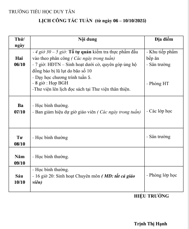 LỊCH CÔNG TÁC TUẦN 5 TỪ 06 - 10/10/2025